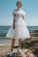 Load image into Gallery viewer, White Tulle Midi Pleated Graduation Dress with Ruffles