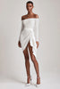 Load image into Gallery viewer, Off the Shoulder Sequins Little White Dress with Long Sleeves