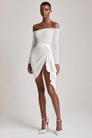 Load image into Gallery viewer, Off the Shoulder Sequins Little White Dress with Long Sleeves