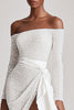 Load image into Gallery viewer, Off the Shoulder Sequins Little White Dress with Long Sleeves
