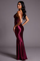 Load image into Gallery viewer, Burgundy Sheath Satin V-Neck Long Formal Dress