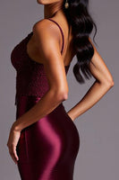 Load image into Gallery viewer, Burgundy Sheath Satin V-Neck Long Formal Dress