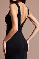 Load image into Gallery viewer, Sparkly Black Sheath V-Neck Long Formal Dress with Slit