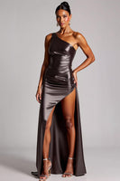 Load image into Gallery viewer, Dark Grey Sheath Satin Long Formal Dress with Slit