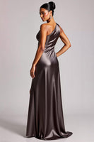 Load image into Gallery viewer, Dark Grey Sheath Satin Long Formal Dress with Slit