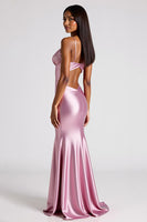 Load image into Gallery viewer, Pink Sheath Satin V-Neck Long Formal Dress