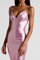 Load image into Gallery viewer, Pink Sheath Satin V-Neck Long Formal Dress
