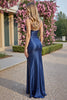 Load image into Gallery viewer, Navy Sheath Satin V-Neck Long Formal Dress with Slit