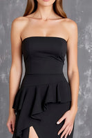 Load image into Gallery viewer, Black Sheath Satin Strapless Ruffled Long Formal Dress with Slit