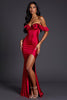 Load image into Gallery viewer, Red Sheath Satin Off the Shoulder Ruffled Long Formal Dress with Slit