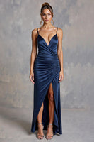 Load image into Gallery viewer, Navy Sheath Satin V-Neck Ruched Long Formal Dress with Slit