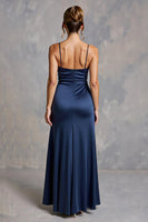 Load image into Gallery viewer, Navy Sheath Satin V-Neck Ruched Long Formal Dress with Slit