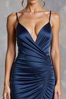 Load image into Gallery viewer, Navy Sheath Satin V-Neck Ruched Long Formal Dress with Slit