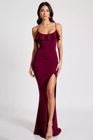 Load image into Gallery viewer, Burgundy Sheath Spaghetti Straps Long Formal Dress with Slit