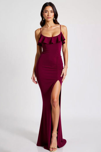 Burgundy Sheath Spaghetti Straps Long Formal Dress with Slit