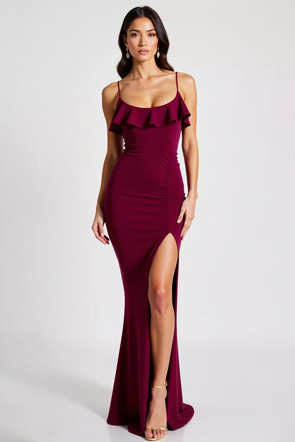 Burgundy Sheath Spaghetti Straps Long Formal Dress with Slit