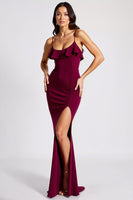 Load image into Gallery viewer, Burgundy Sheath Spaghetti Straps Long Formal Dress with Slit