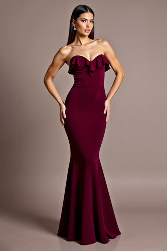 Burgundy Satin Mermaid Backless Strapless Formal Dress