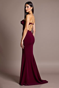 Burgundy Satin Mermaid Backless Strapless Formal Dress