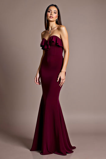 Burgundy Satin Mermaid Backless Strapless Formal Dress