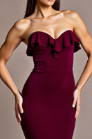 Load image into Gallery viewer, Burgundy Satin Mermaid Backless Strapless Formal Dress