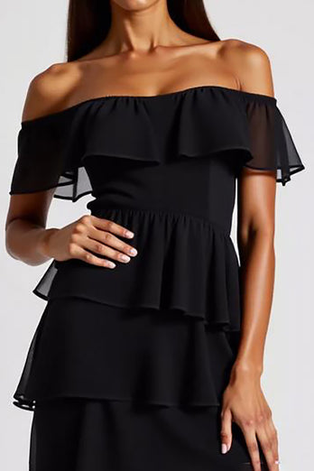 Tiered Chiffon Off the Shoulder Little Black Dress