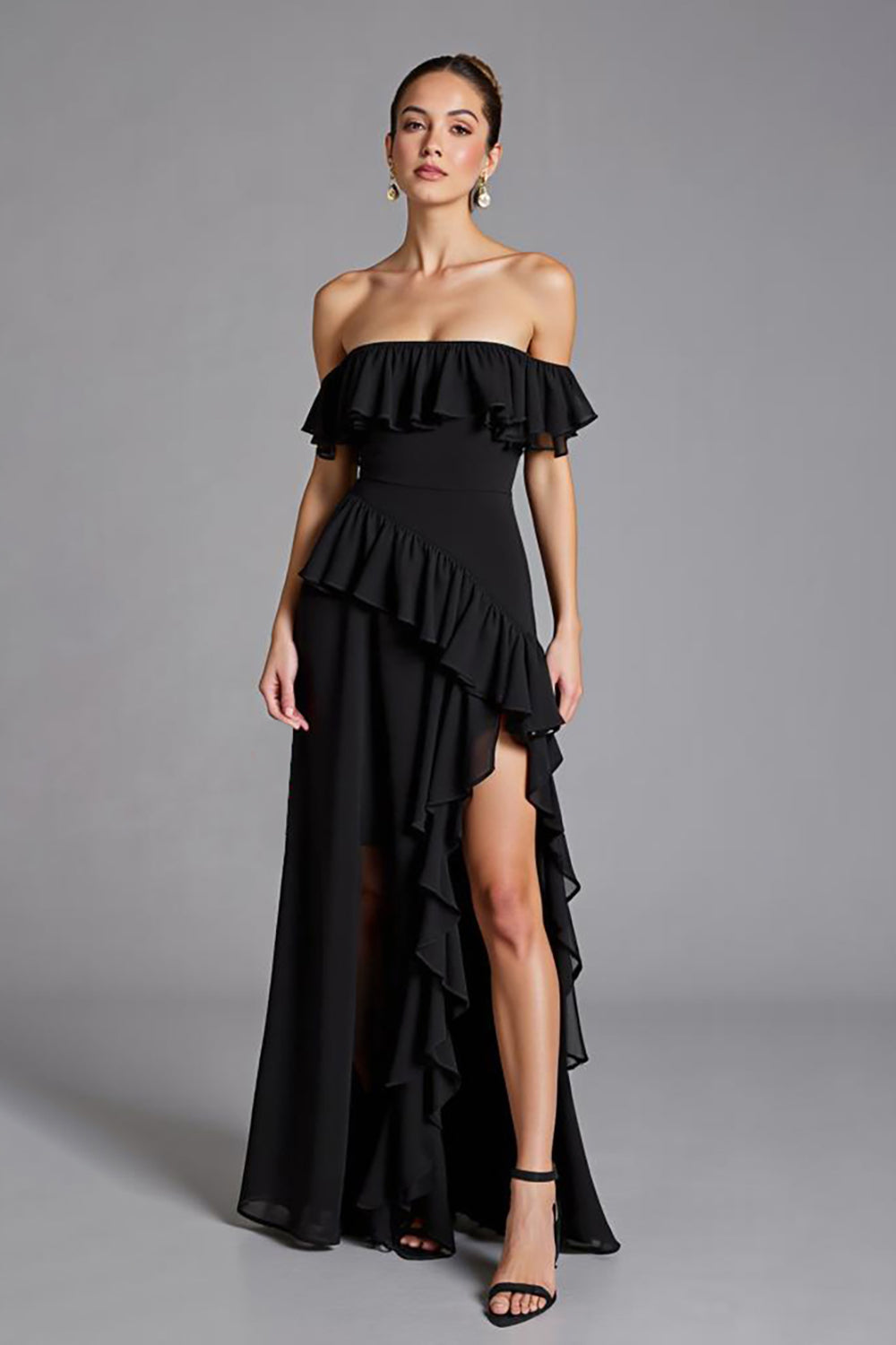 Black Chiffon Ruffled A Line Long Formal Dress with Slit
