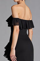 Load image into Gallery viewer, Black Chiffon Ruffled A Line Long Formal Dress with Slit