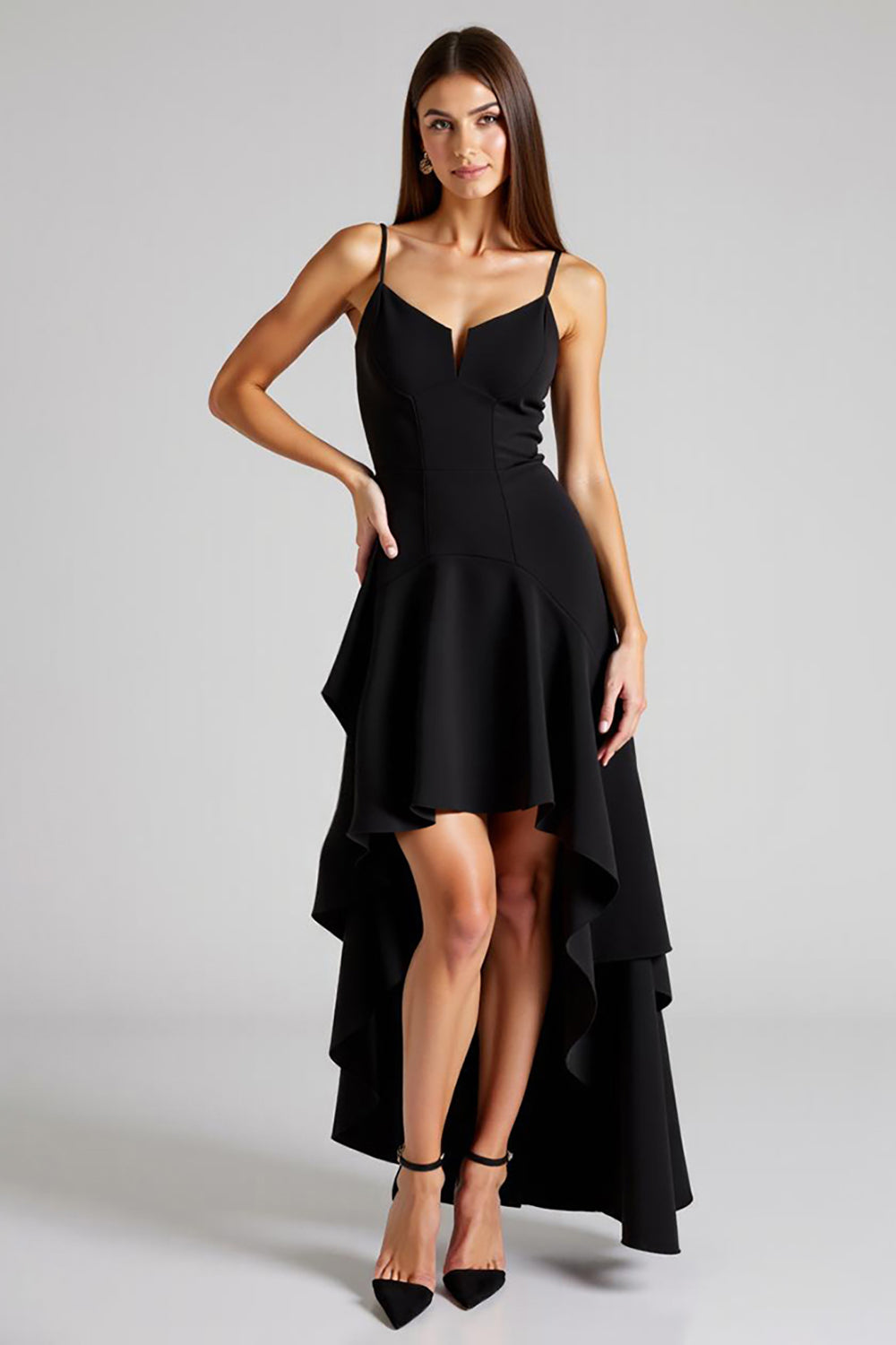 Black A Line High Low Pleated Formal Dress