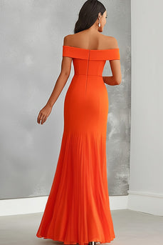 Orange Sheath Pleated Off the Shoulder Long Formal Dress
