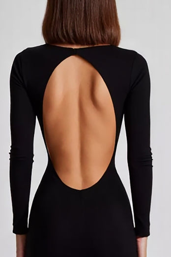 Black Sheath Boat Neck Long Formal Dress with Long Sleeves