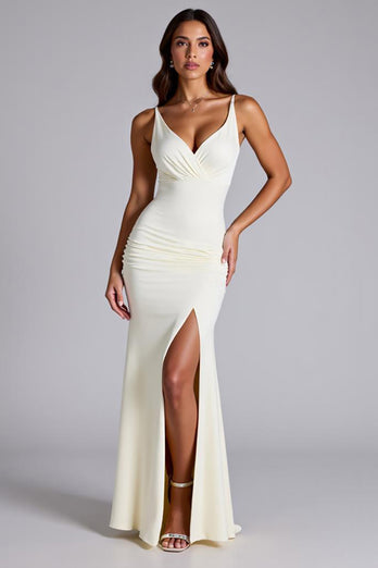 Ivory Sheath Pleated Long Formal Dress with Slit