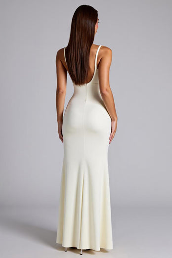 Ivory Sheath Pleated Long Formal Dress with Slit