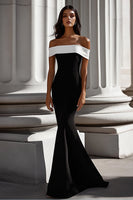 Load image into Gallery viewer, White Mermaid Satin Off the Shoulder Long Black Tie Dress
