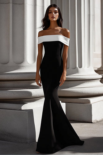 White Mermaid Satin Off the Shoulder Long Black Tie Dress