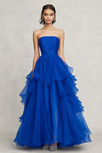 Royal Blue A Line Strapless Asymmetrical Chiffon Long Formal Dress