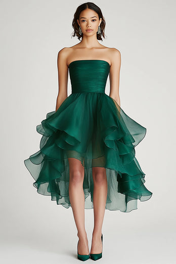 Dark Green A Line Strapless Tulle Asymmetrical Short Formal Dress