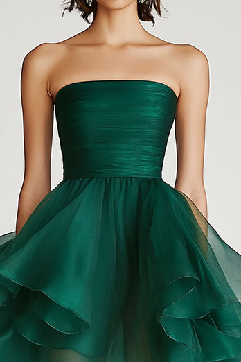 Dark Green A Line Strapless Tulle Asymmetrical Short Formal Dress