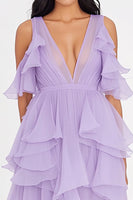 Load image into Gallery viewer, Lilac Chiffon V-Neck Ruffled Long Formal Dress with Slit