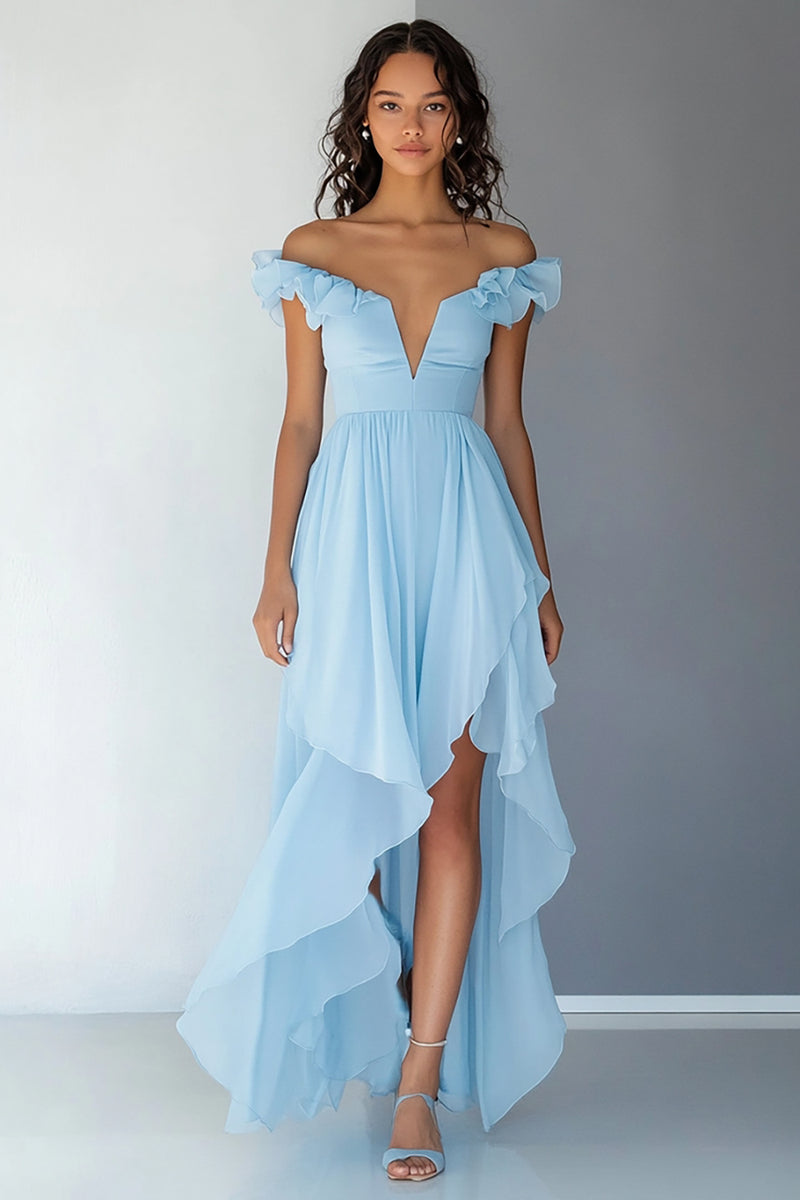 Load image into Gallery viewer, Sky Blue High Low Chiffon A Line Formal Dress with Ruffles