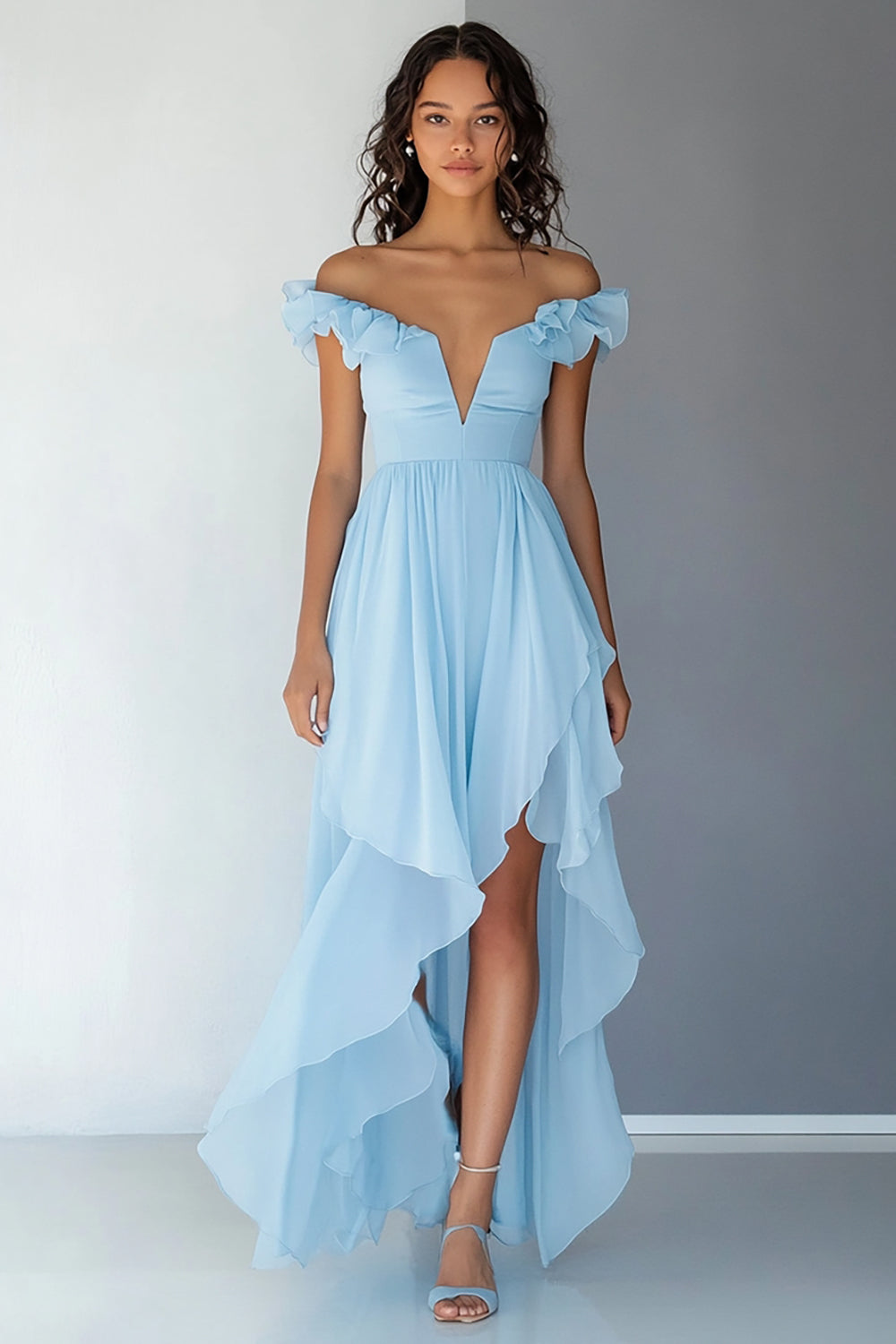 Sky Blue High Low Chiffon A Line Formal Dress with Ruffles