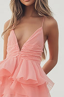 Load image into Gallery viewer, Pink Orange Tiered Tulle A Line V-Neck Formal Dress
