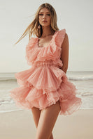 Load image into Gallery viewer, Pink Orange Tiered Tulle Square Neck Formal Dress with Ruffles