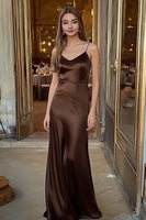 Load image into Gallery viewer, Coffee Sheath Satin V-Neck Long Formal Dress
