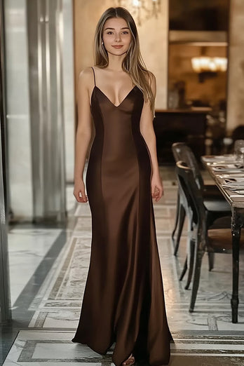 Coffee Sheath Satin Spaghetti Straps Long Formal Dress