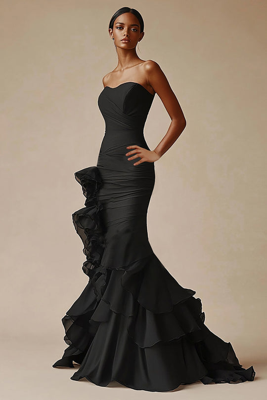 Elegant Mermaid Long Black Tie Dress with Ruffles Strapless Chiffon Sweetheart Tiered Maxi Dress