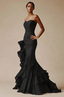 Load image into Gallery viewer, Elegant Mermaid Long Black Tie Dress with Ruffles Strapless Chiffon Sweetheart Tiered Maxi Dress