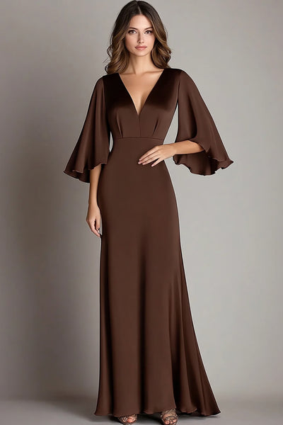 Coffee Sheath Satin Long Formal Dress with Sleeves