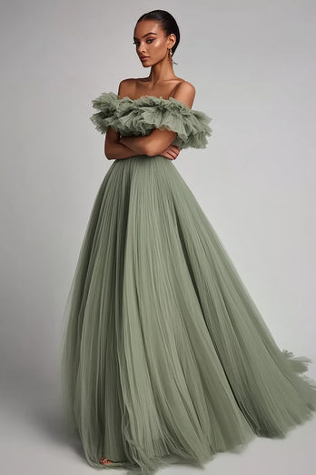 Dusty Sage Tulle A Line Long Formal Dress with Ruffles