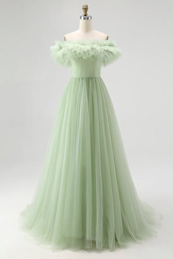 Dusty Rose A Line Tulle Ruffled Long Formal Dress